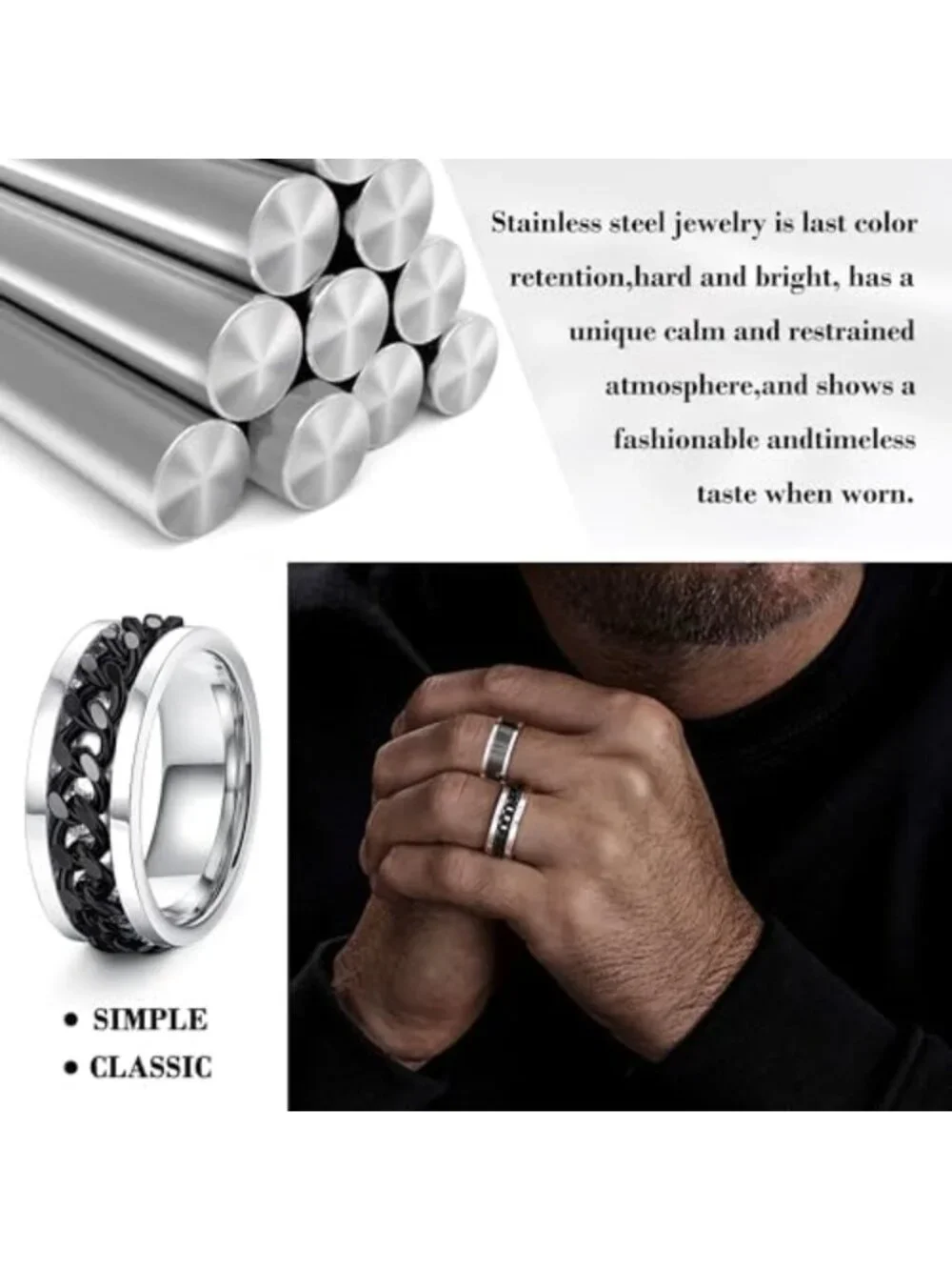 16Pcs Stainless Steel Fidget Spinner Rings for Men & Women, Sizes 7-13, Stress